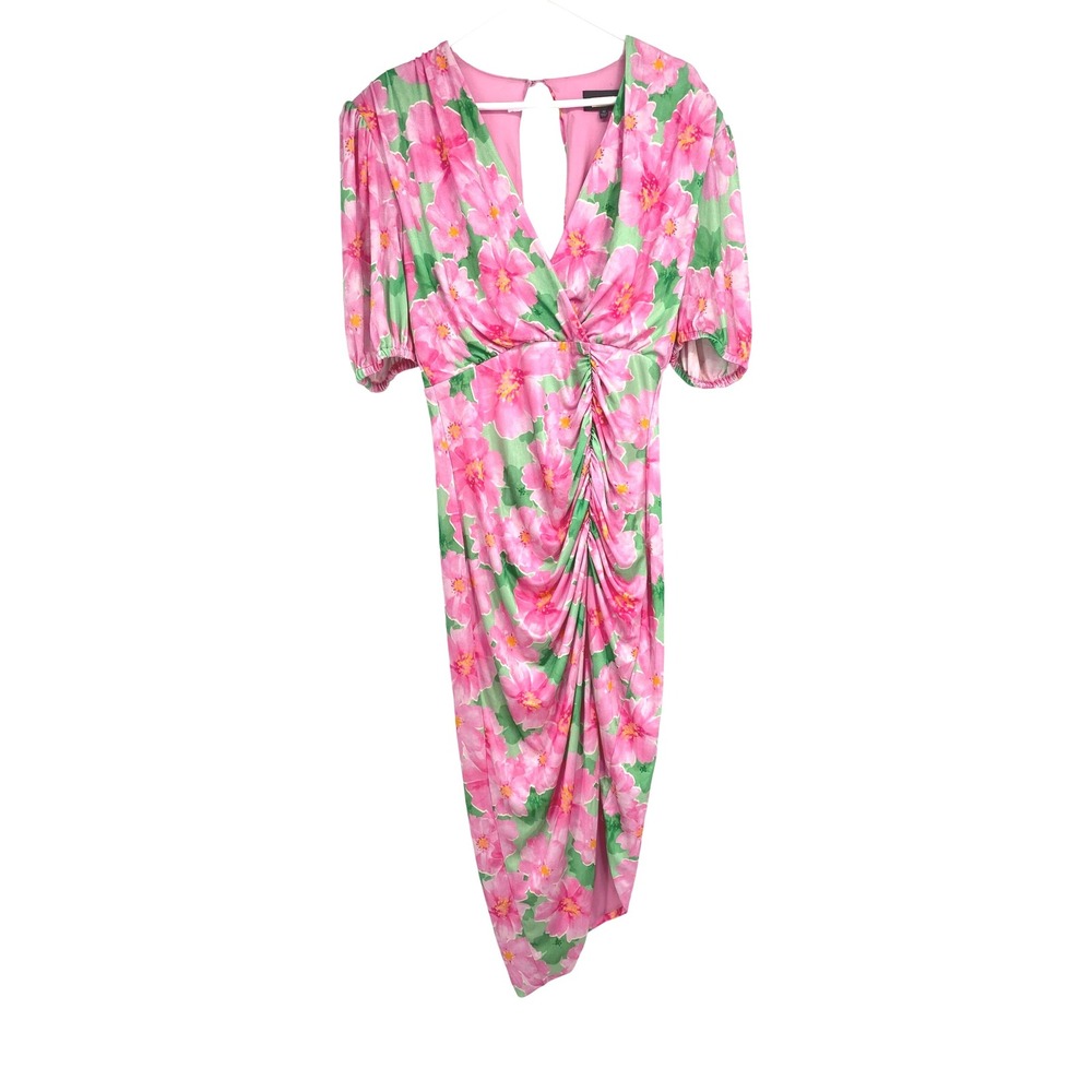 Alexia Admor Women's Floral Fern Puff Sleeve V Neck Draped Dress Pink Green M